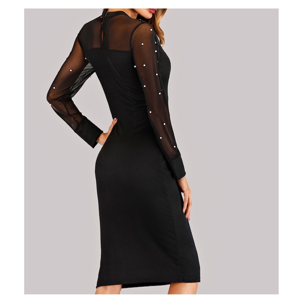 Black Mesh Faux Pearl Embellished Midi Dress - Picture 2 of 8
